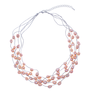 Cultured pearl station necklace, 'Secret Pearl in Peach' - Hand Threaded Cultured Freshwater Pearl Station Necklace