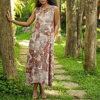 Hand-printed cotton sundress, 'Botanical Impression' - Sleeveless Cotton Maxi Dress with Floral Motif