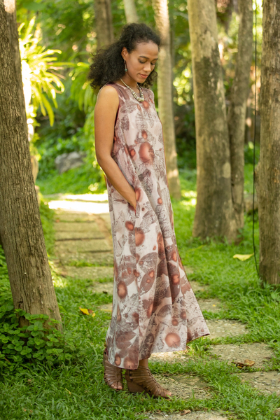 Hand-printed cotton sundress, 'Botanical Impression' - Sleeveless Cotton Maxi Dress with Floral Motif