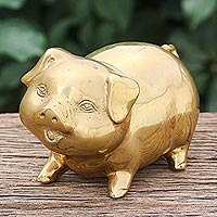 Brass statuette, 'Lucky Pig' - Hand Crafted Brass Pig Statuette