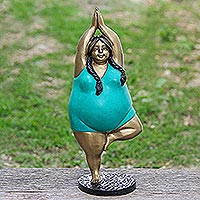 Brass sculpture, 'Balancing Tree' - Hand Painted Brass Yoga-Themed Sculpture