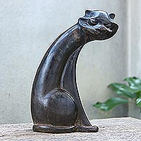 Brass sculpture, 'Modern Cat' - Hand Made Antique Finish Brass Cat Sculpture
