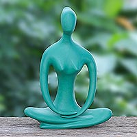 Brass sculpture, 'Morning Meditation in Green' - Hand Painted Brass Mediation Sculpture from Thailand