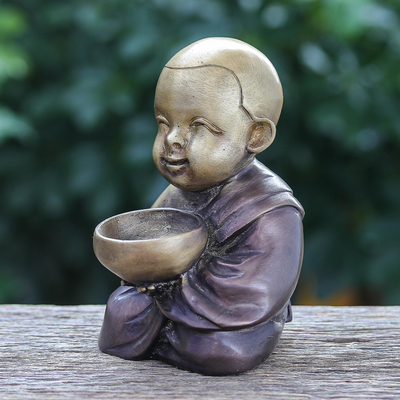 Brass sculpture, 'Monk's Blessing in Brown' - Hand Painted Brass Monk Sculpture from Thailand