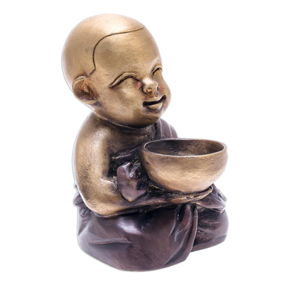 Brass sculpture, 'Monk's Blessing in Brown' - Hand Painted Brass Monk Sculpture from Thailand