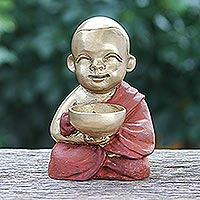 Brass sculpture, 'Monk's Blessing in Orange' - Hand Crafted Brass Monk Sculpture from Thailand