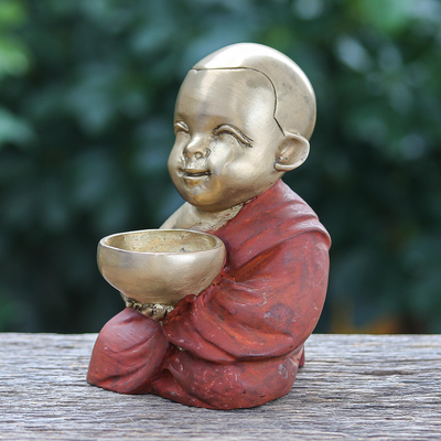 Brass sculpture, 'Monk's Blessing in Orange' - Hand Crafted Brass Monk Sculpture from Thailand
