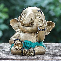 Brass sculpture, 'Happy Cymbals' - Hand Painted Brass Elephant Sculpture from Thailand