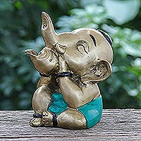 Brass sculpture, 'Happy Horn' - Hand Made Brass Elephant Sculpture from Thailand