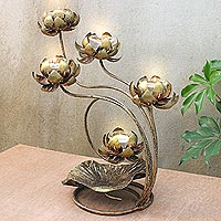 Steel tealight holder, 'Lotus Ceremony' - Hand Made Steel and Glass Lotus Tealight Holder