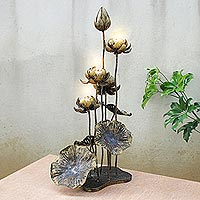 Steel tealight holder, 'Lotus Harmony' - Antiqued Steel and Glass Lotus Flower Tealight Holder