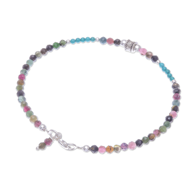 Tourmaline beaded bracelet, 'Nexus in Pink' - Hand Threaded Tourmaline and Sterling Silver Beaded Bracelet