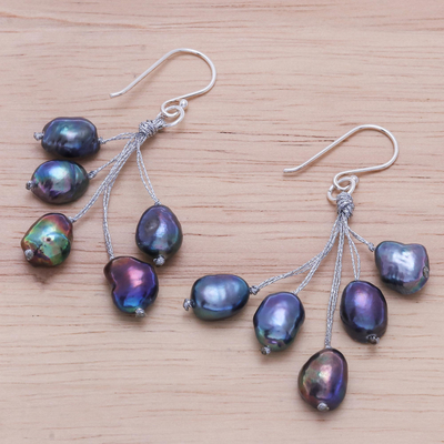 Cultured pearl dangle earrings, 'Mystic Pearl in Blue' - Hand Crafted Cultured Freshwater Pearl Dangle Earrings