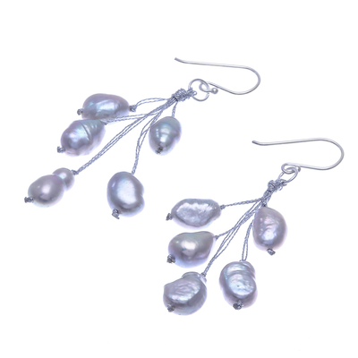 Cultured pearl dangle earrings, 'Mystic Pearl in Light Grey' - Hand Made Cultured Freshwater Pearl Dangle Earrings