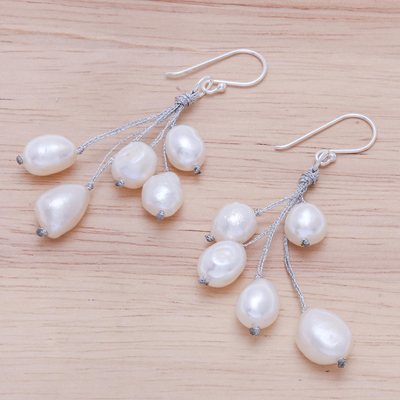 Cultured pearl dangle earrings, 'Mystic Pearl in White' - Handmade Cultured Freshwater Pearl Dangle Earrings