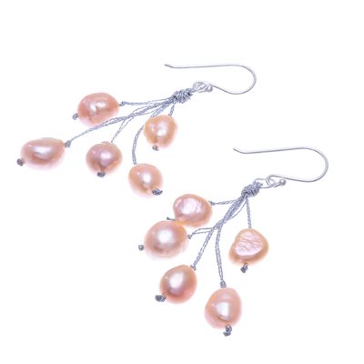 Cultured pearl dangle earrings, 'Mystic Pearl in Peach' - Artisan Crafted Cultured Freshwater Pearl Dangle Earrings