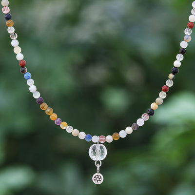 Multi-gemstone pendant necklace, 'Bright Dreams' - Hand Threaded Jasper and Agate Pendant Necklace