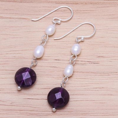 Amethyst and cultured pearl dangle earrings, 'Purple Night' - Handmade Amethyst and Cultured Pearl Dangle Earrings