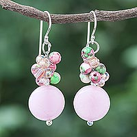 Handmade Quartz and Agate Dangle Earrings from Thailand,'Fun Circles in Pink'