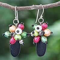 Agate and cultured pearl dangle earrings, 'Space Candy in Black' - Agate and Freshwater Cultured Pearl Dangle Earrings