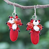 Multi-gemstone dangle earrings, 'Space Candy in Red' - Carnelian and Cultured Freshwater Pearl Dangle Earrings