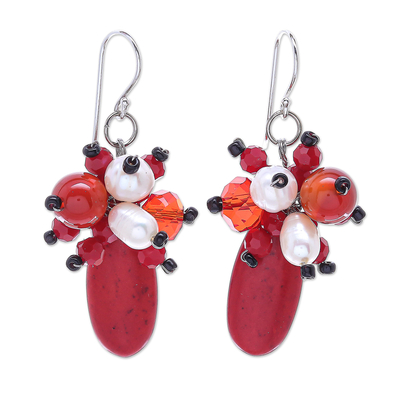 Multi-gemstone dangle earrings, 'Space Candy in Red' - Carnelian and Cultured Freshwater Pearl Dangle Earrings