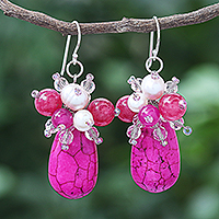Multi-gemstone dangle earrings, 'Space Candy in Pink' - Quartz and Cultured Freshwater Pearl Dangle Earrings