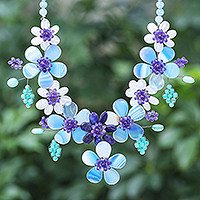 Multi-gemstone statement necklace, 'Flower Bed in Blue' - Hand Crafted Lapis Lazuli and Agate Statement Necklace