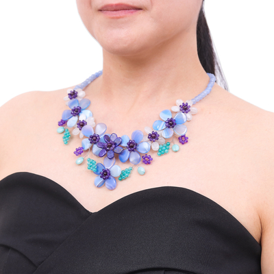 Multi-gemstone statement necklace, 'Flower Bed in Blue' - Hand Crafted Lapis Lazuli and Agate Statement Necklace