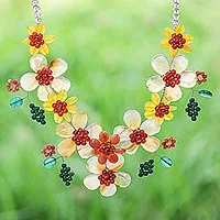 Multi-gemstone statement necklace, 'Flower Bed in Orange' - Hand Threaded Carnelian and Agate Statement Necklace