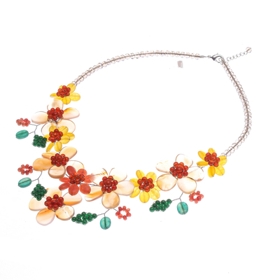 Multi-gemstone statement necklace, 'Flower Bed in Orange' - Hand Threaded Carnelian and Agate Statement Necklace