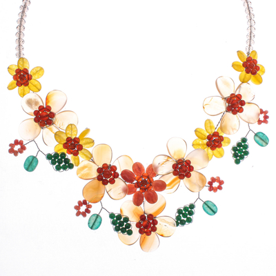 Multi-gemstone statement necklace, 'Flower Bed in Orange' - Hand Threaded Carnelian and Agate Statement Necklace