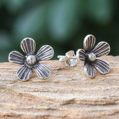 Sterling silver button earrings, 'Striped Flowers' - Hand Crafted Sterling Silver Floral Button Earrings