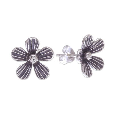 Sterling silver button earrings, 'Striped Flowers' - Hand Crafted Sterling Silver Floral Button Earrings