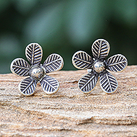 Sterling silver button earrings, 'Leafy Flowers' - Artisan Made Sterling Silver Floral Button Earrings