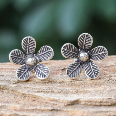 Pendientes de botón de plata de ley - Pendientes de botón floral de plata de ley hechos artesanalmente