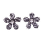 Sterling silver button earrings, 'Leafy Flowers' - Artisan Made Sterling Silver Floral Button Earrings