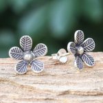 Sterling silver button earrings, 'Leafy Flowers' - Artisan Made Sterling Silver Floral Button Earrings