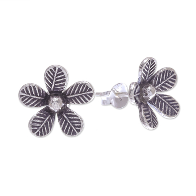 Sterling silver button earrings, 'Leafy Flowers' - Artisan Made Sterling Silver Floral Button Earrings