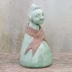 Celadon ceramic sculpture, 'Hill Tribe Woman' - Hand Crafted Celadon Ceramic Hill Tribe Sculpture