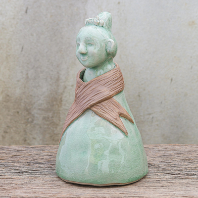 Celadon ceramic sculpture, 'Hill Tribe Woman' - Hand Crafted Celadon Ceramic Hill Tribe Sculpture
