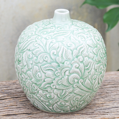 Celadon ceramic vase, 'Favorite Flower' - Hand Made Celadon Ceramic Floral-Themed Vase