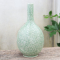 Celadon ceramic vase, 'Fresh Flowers' - Hand Crafted Green Celadon Ceramic Vase