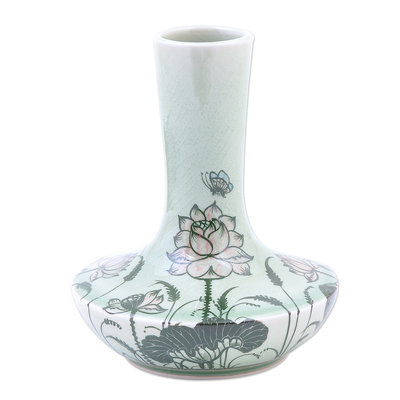 Hand Painted Celadon Ceramic Floral-Themed Vase