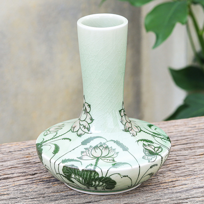Hand painted celadon ceramic vase, 'Fresh-Cut Lotus' - Hand Painted Celadon Ceramic Floral-Themed Vase
