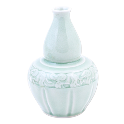 Artisan Crafted Celadon Ceramic Elephant-Themed Vase