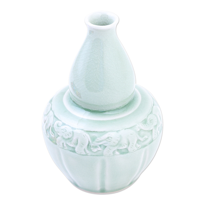jarrón de cerámica celadón - Florero artesanal de cerámica celadón con tema de elefante