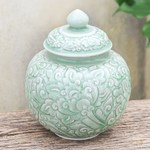 Celadon ceramic jar, 'Flower Fairy' - Hand Crafted Celadon Ceramic Floral-Themed Jar