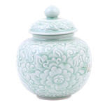 Celadon ceramic jar, 'Flower Fairy' - Hand Crafted Celadon Ceramic Floral-Themed Jar