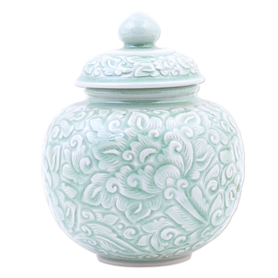 Celadon ceramic jar, 'Flower Fairy' - Hand Crafted Celadon Ceramic Floral-Themed Jar